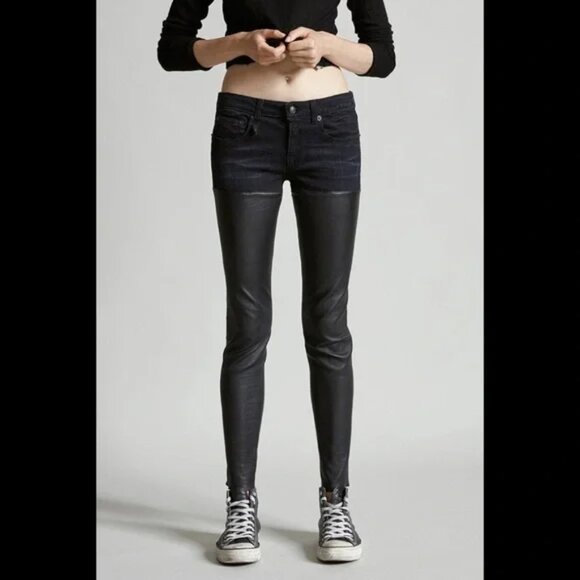 R13 Pants - R13 Denim Leather Chaps Pants Mid Rise Skinny Black 26